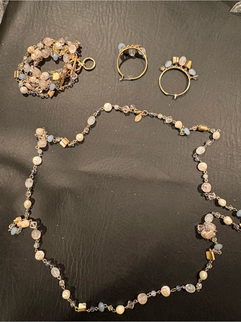 Gold-Tone Necklace, Bracelet and Ring Set with Light Pink and Blue Gem Accents